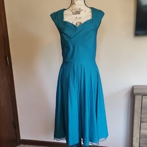 Retro Blue Cap Sleeve Midi Dress